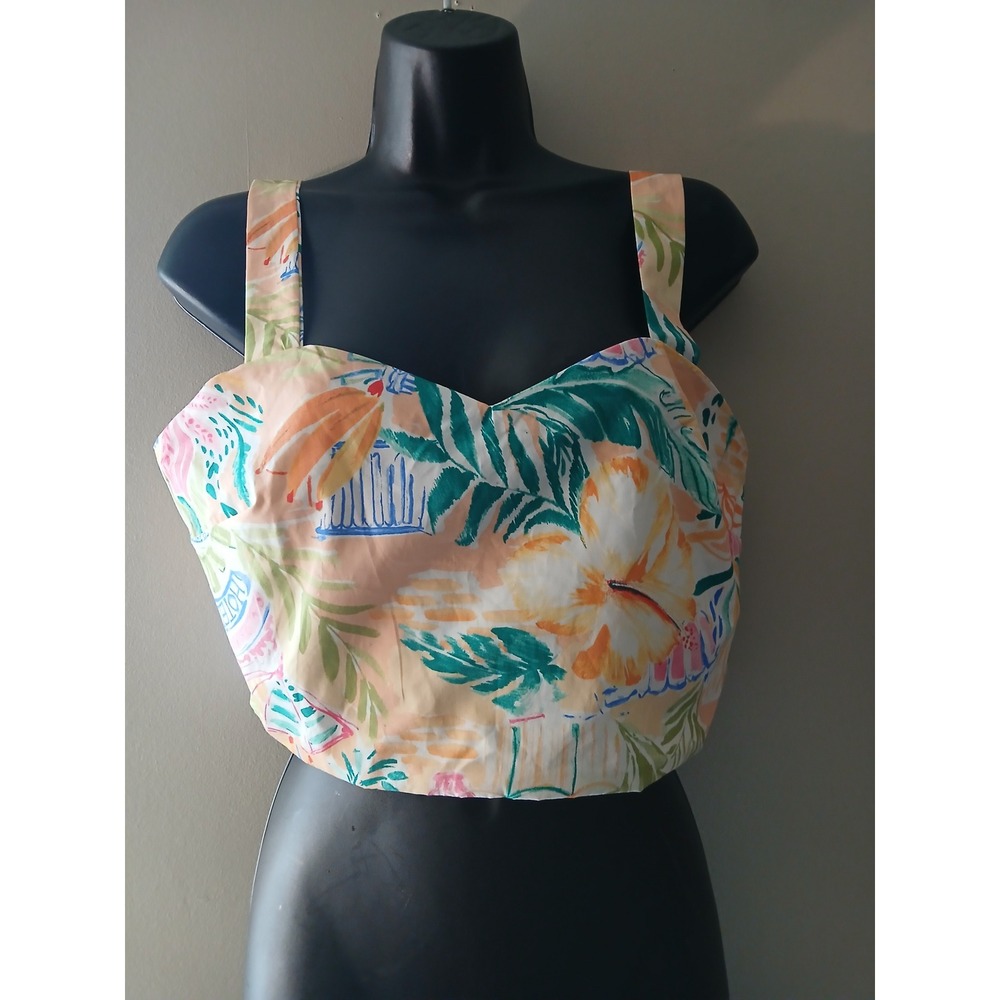St‎ Tropez Hotel Byblos Tropical Floral Crop Top Bustier Peach Teal Medium